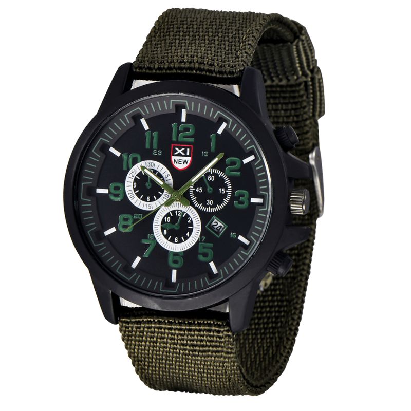 Xinew 2229D Militär Casual Män Nylon Canvas Band Data Display Vattentät Stor Urtavla Sport Kvartsklocka