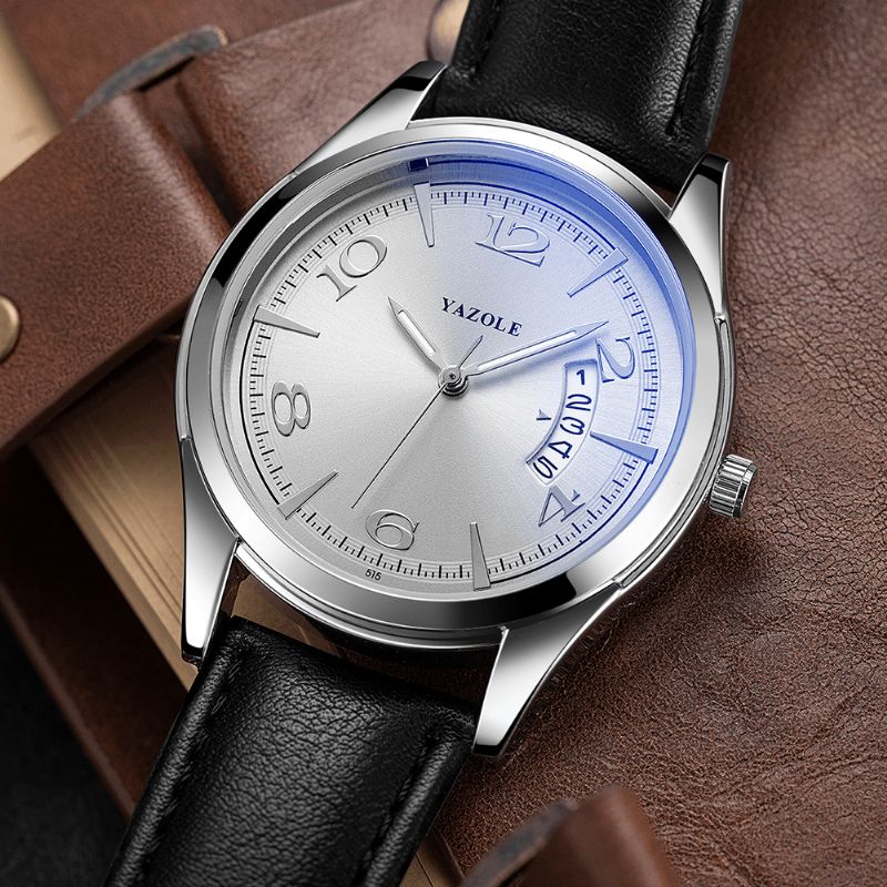 Yazole 515 Kalender Datumvisning Mode Läderrem Herr Casual Dial Lysande Display Kvartsur