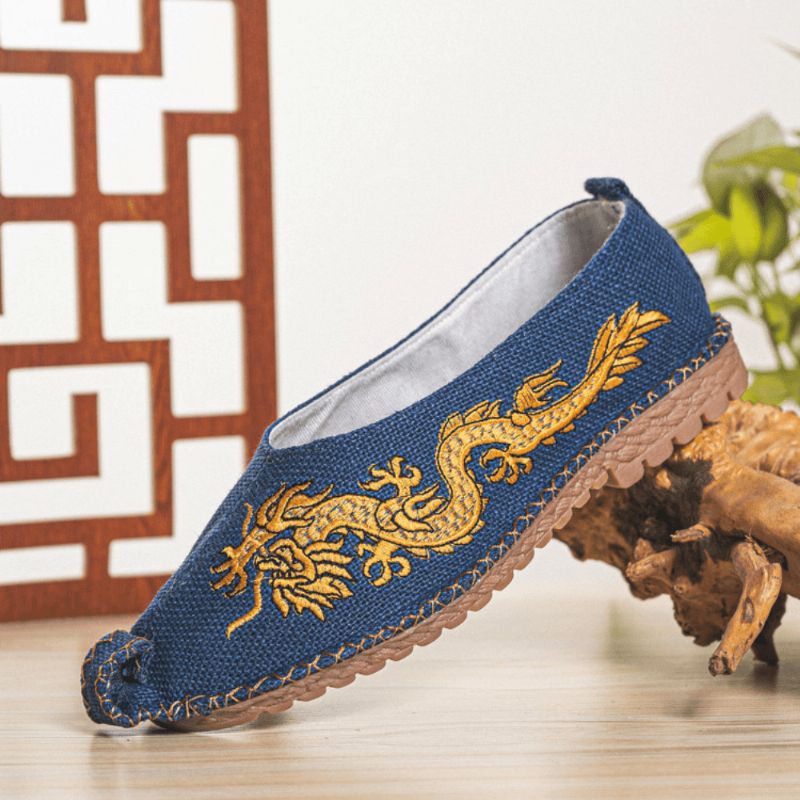 Män Andas Halkfria Gamla Peking Dragon Broderi Bekväma Casual Linneskor