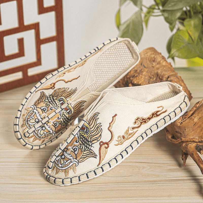 Män Andas Halkfria Gamla Peking Slip On Comfy Linne Skor Casual Tofflor