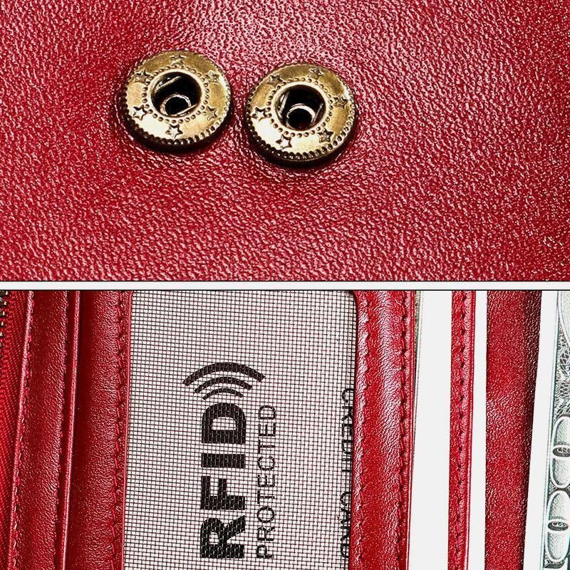 Kvinnor Äkta Läder Rfid Antimagnetic Multi-Slots 14 Kortplatser Dragkedja Bifold Lång Plånbok