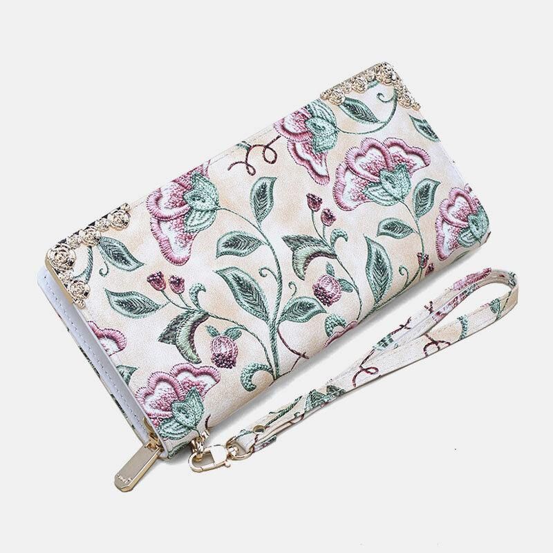 Kvinnor Pu Läder Blommor Broderi Mönster Clutch Plånbok Stor Kapacitet Korthållare Plånbok