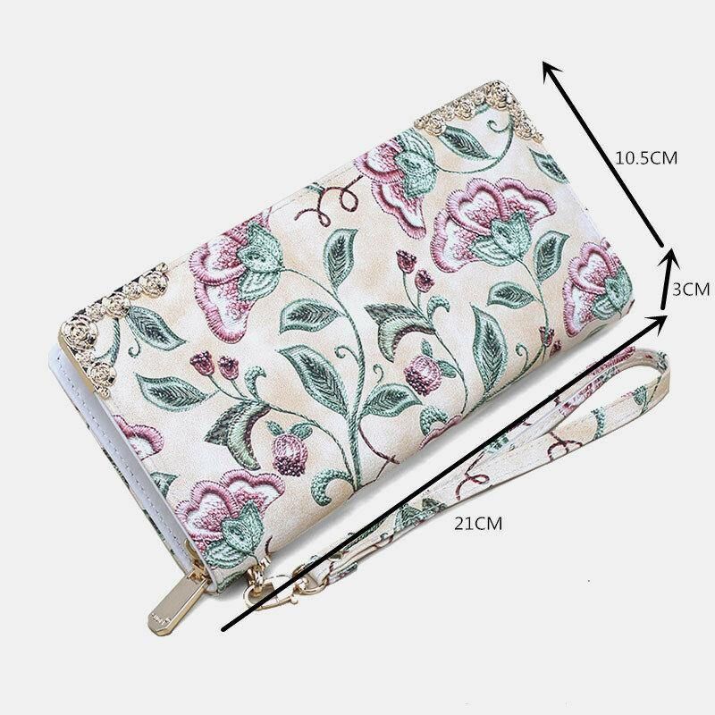 Kvinnor Pu Läder Blommor Broderi Mönster Clutch Plånbok Stor Kapacitet Korthållare Plånbok