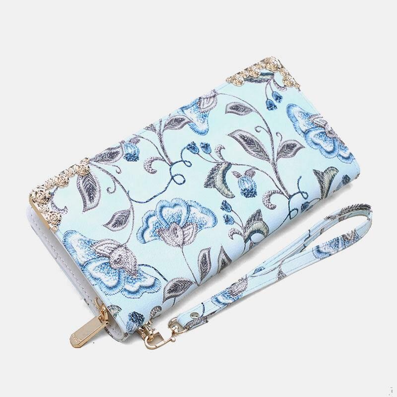 Kvinnor Pu Läder Blommor Broderi Mönster Clutch Plånbok Stor Kapacitet Korthållare Plånbok