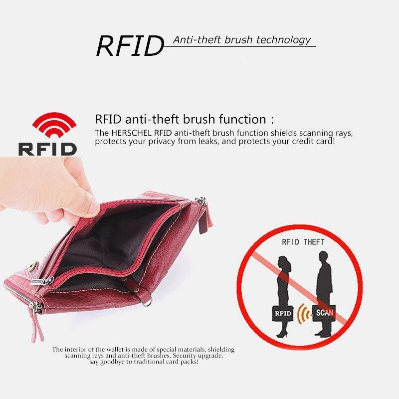 Män Äkta Läder Rfid Blockerande Stöldskydd Retro Business Dubbel Dragkedja Korthållare Plånbok