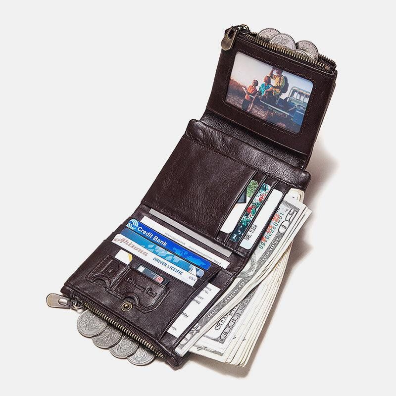 Män Äkta Läder Rfid Stöldskyddsdragkedja Multi-Slot Card Holder Plånbok