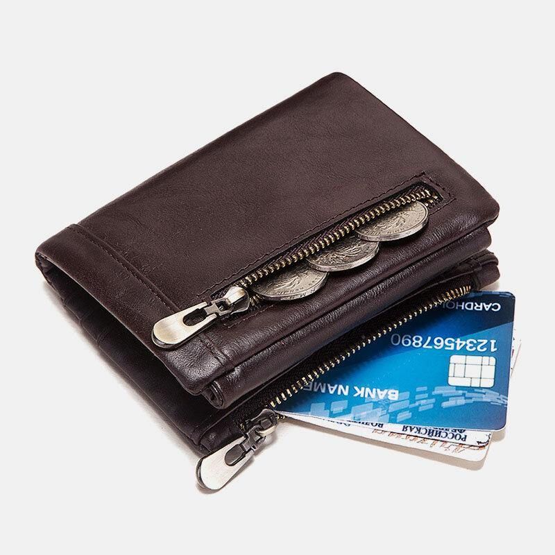 Män Äkta Läder Rfid Stöldskyddsdragkedja Multi-Slot Card Holder Plånbok