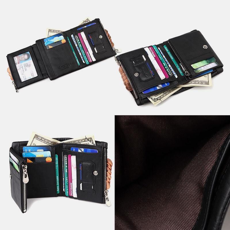 Män Äkta Läder Rfid Stöldskyddsdragkedja Multi-Slot Card Holder Plånbok