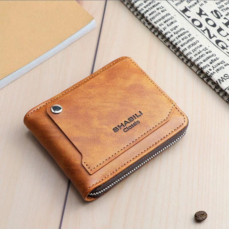 Män Faux Leather Retro Classical Draw Card Slot Bifold Zipepr Card Holder Plånbok