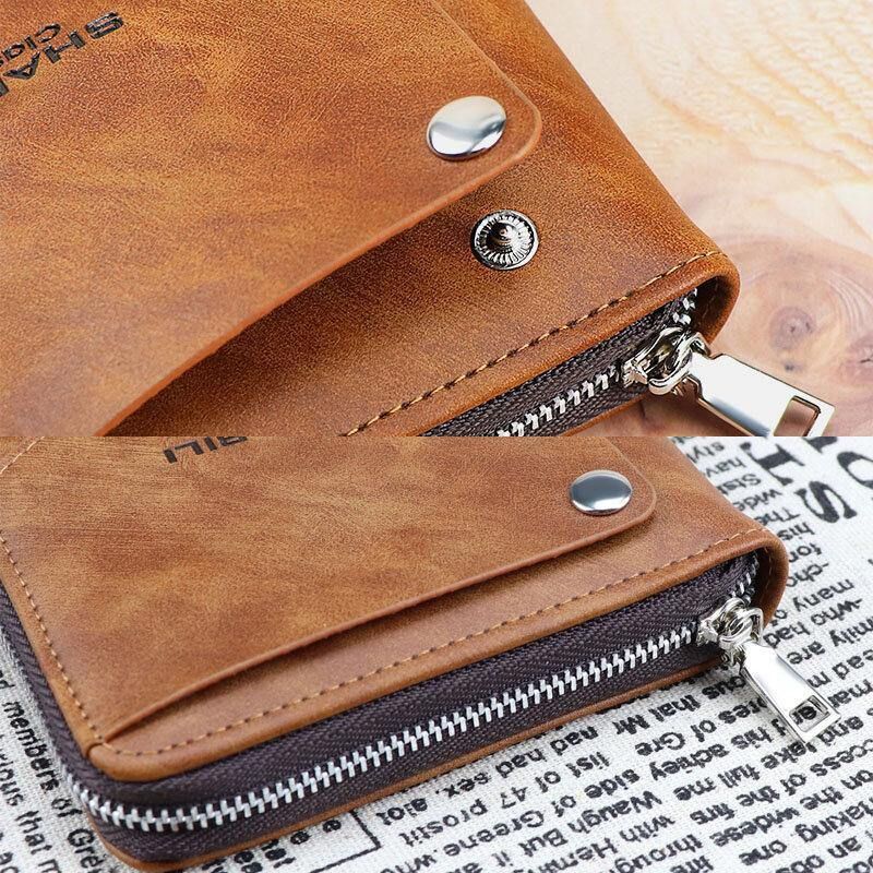 Män Faux Leather Retro Classical Draw Card Slot Bifold Zipepr Card Holder Plånbok