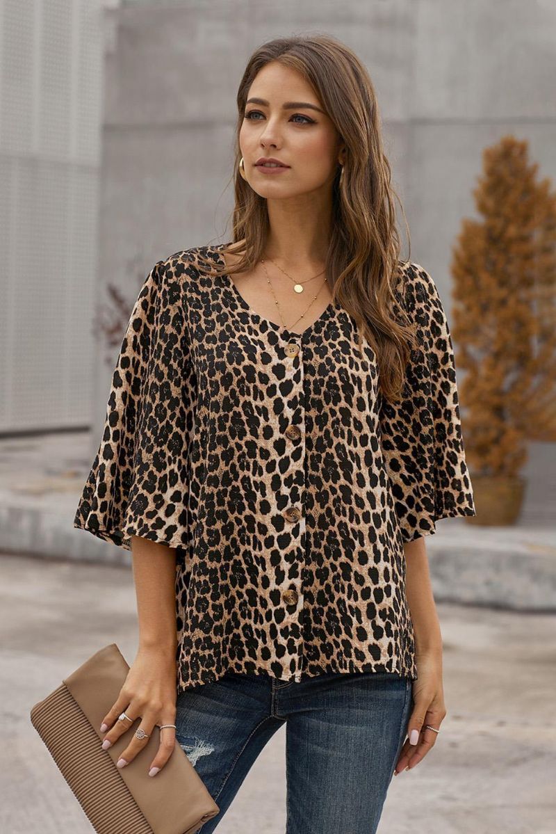 Leopardtryckt Button Down-Blus