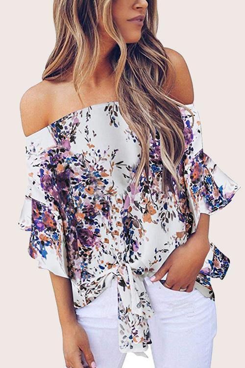 Off Shoulder Blommig Tie Front Chiffong Blus