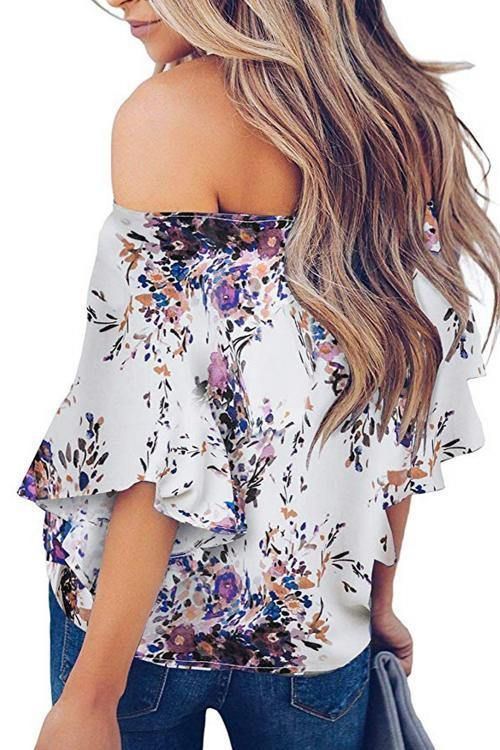 Off Shoulder Blommig Tie Front Chiffong Blus