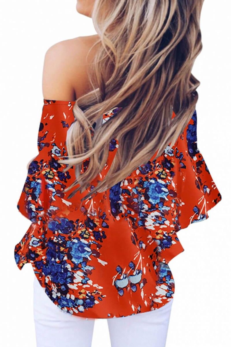 Off Shoulder Blommig Tie Front Chiffong Blus