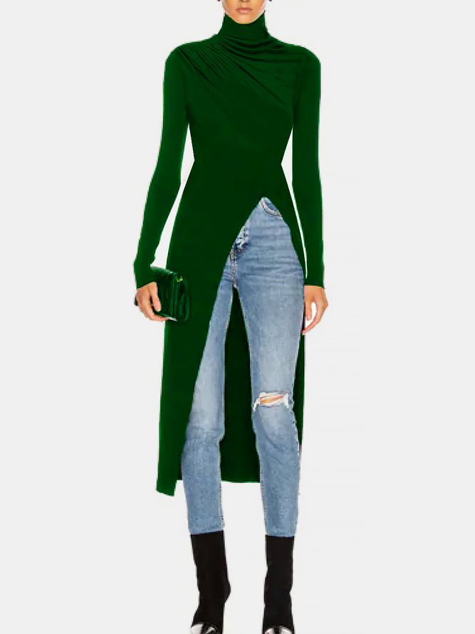 Tight High Elasticity Turtleneck Vanlig Långärmad Tunn Slitsdesign Toppar