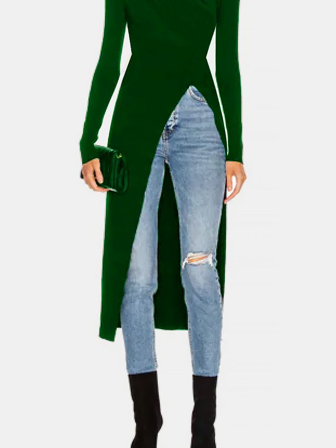 Tight High Elasticity Turtleneck Vanlig Långärmad Tunn Slitsdesign Toppar