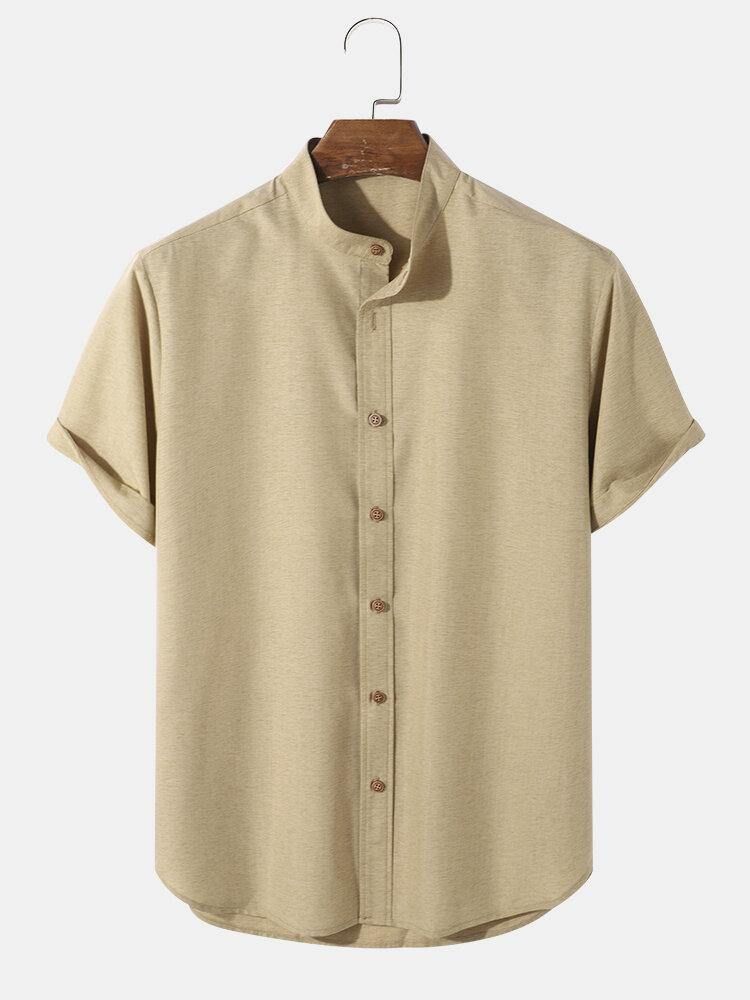 Herr Casual Enfärgade Grandad Collar Button Up-Skjortor