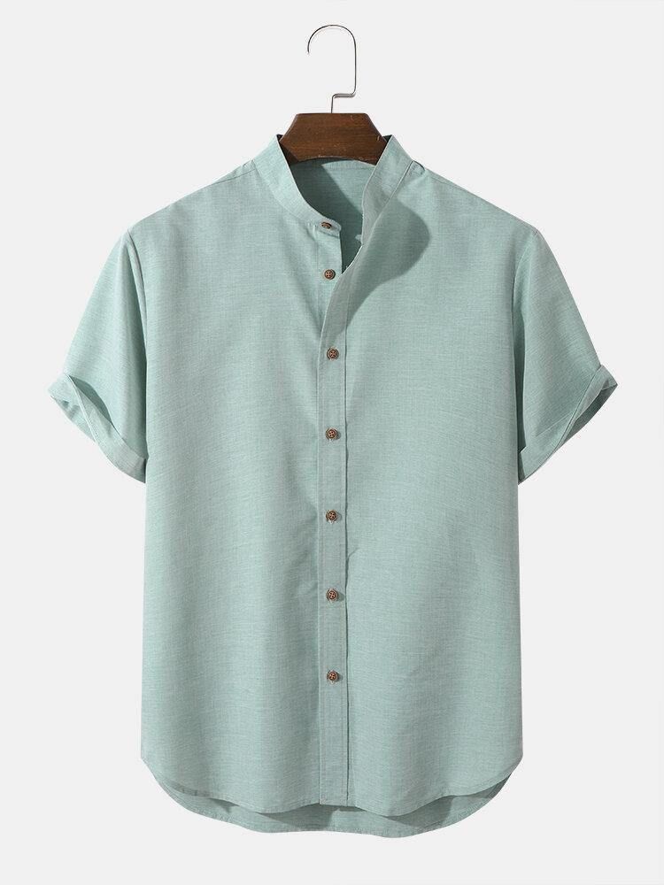 Herr Casual Enfärgade Grandad Collar Button Up-Skjortor