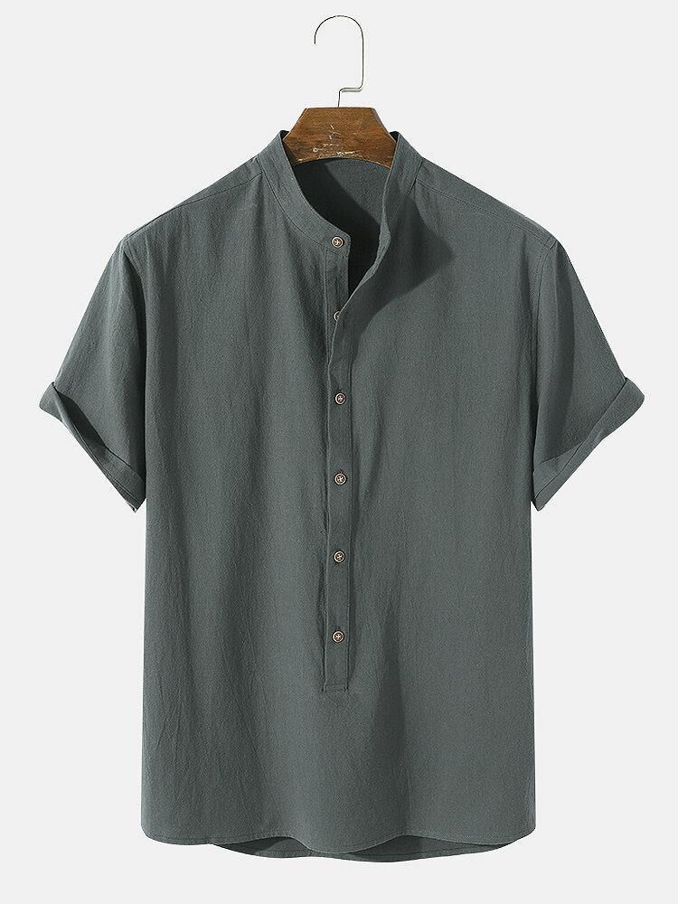 Herr Enfärgad Basic Style Solid 100 % Bomull Kortärmad Henley Shirt