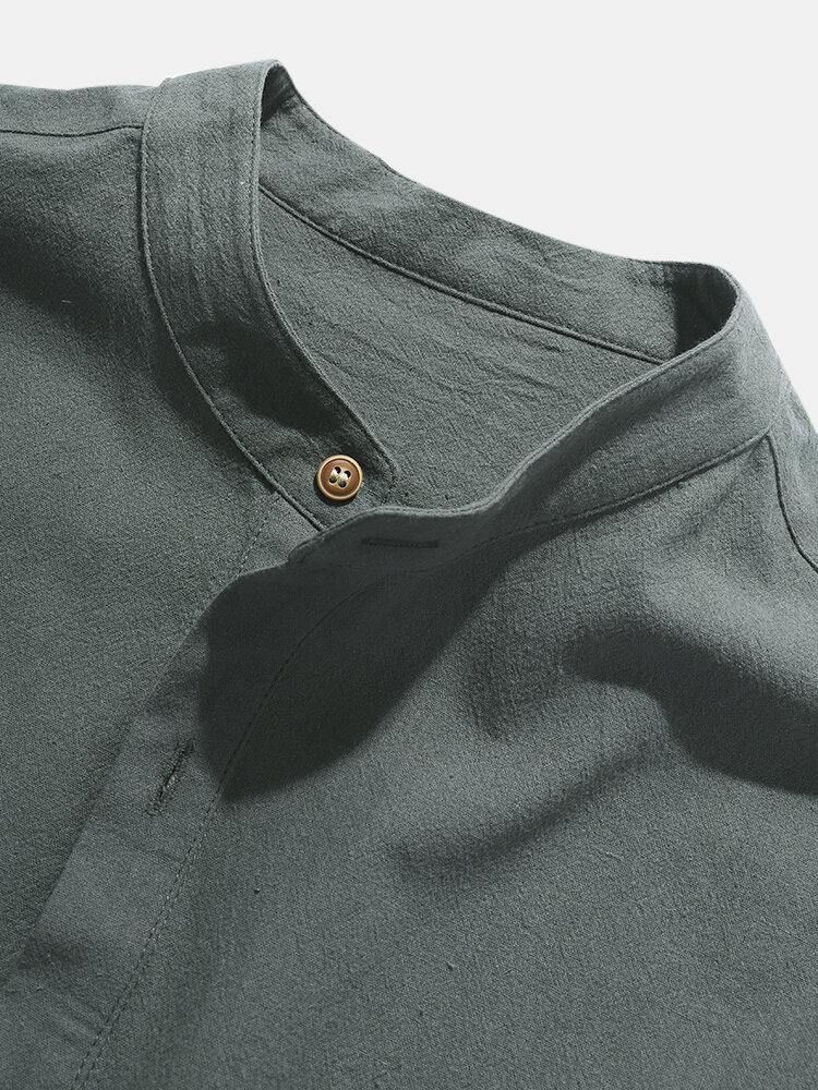 Herr Enfärgad Basic Style Solid 100 % Bomull Kortärmad Henley Shirt