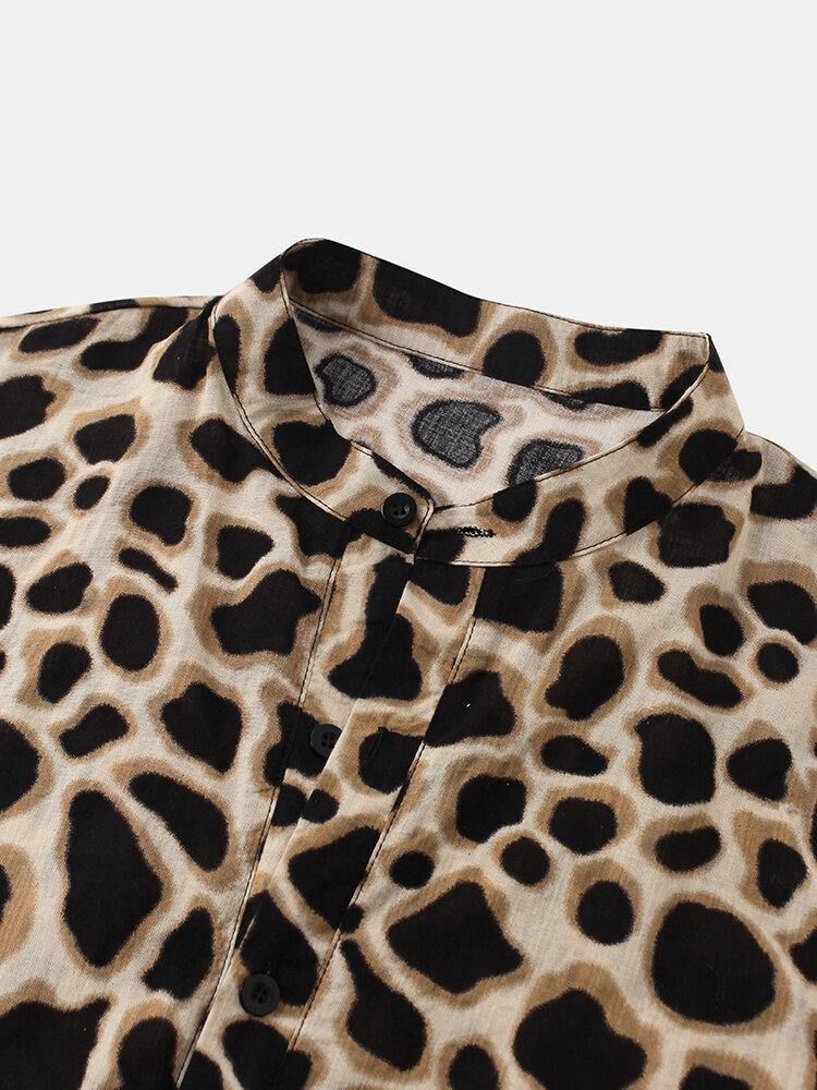 Leopardmönstrade Henley Collar Kortärmade Skjortor För Män