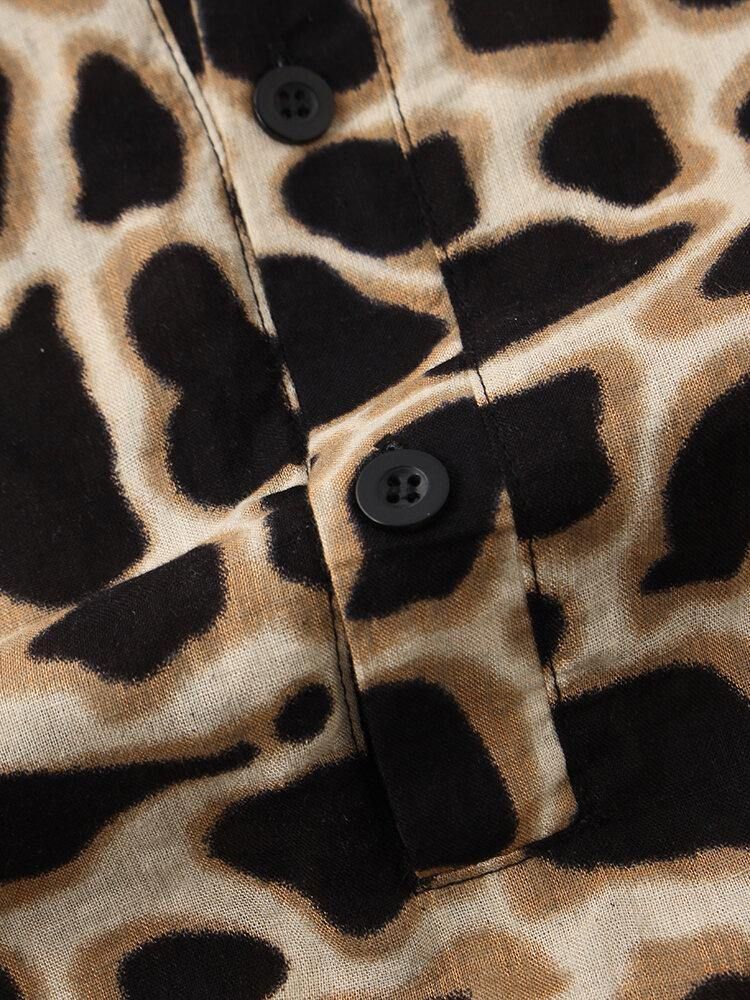 Leopardmönstrade Henley Collar Kortärmade Skjortor För Män