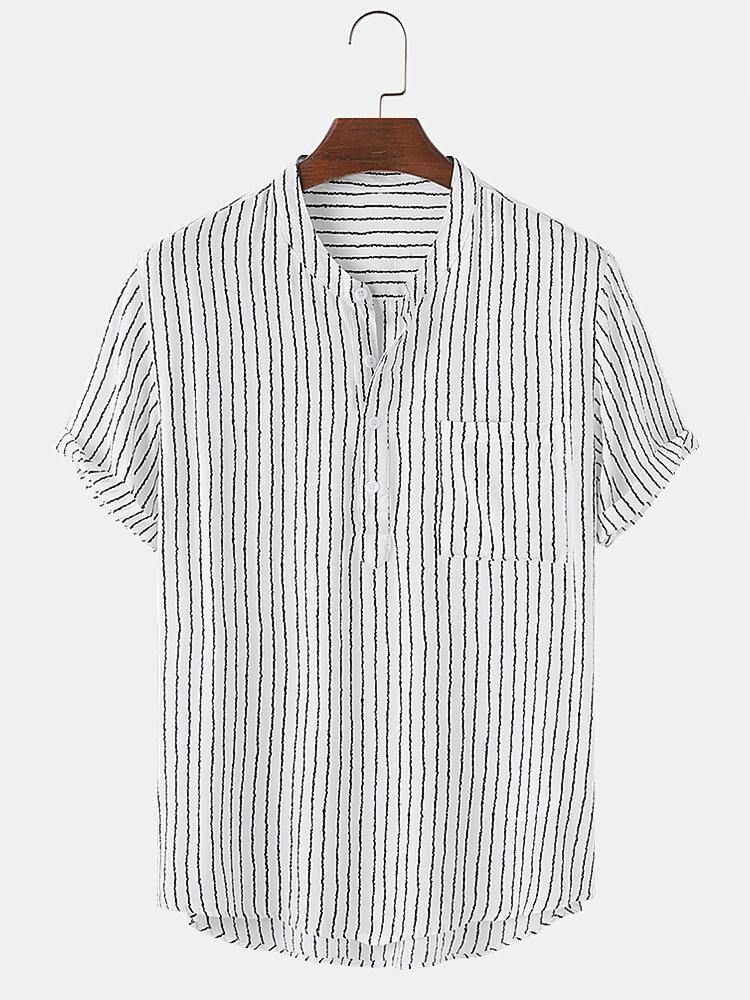 Mäns Pinstripe Stand-Krage Casual Kortärmade Henley-Skjortor Med Ficka