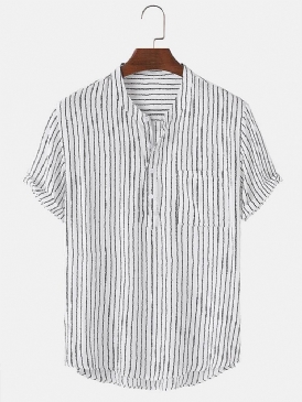 Mäns Pinstripe Stand-Krage Casual Kortärmade Henley-Skjortor Med Ficka