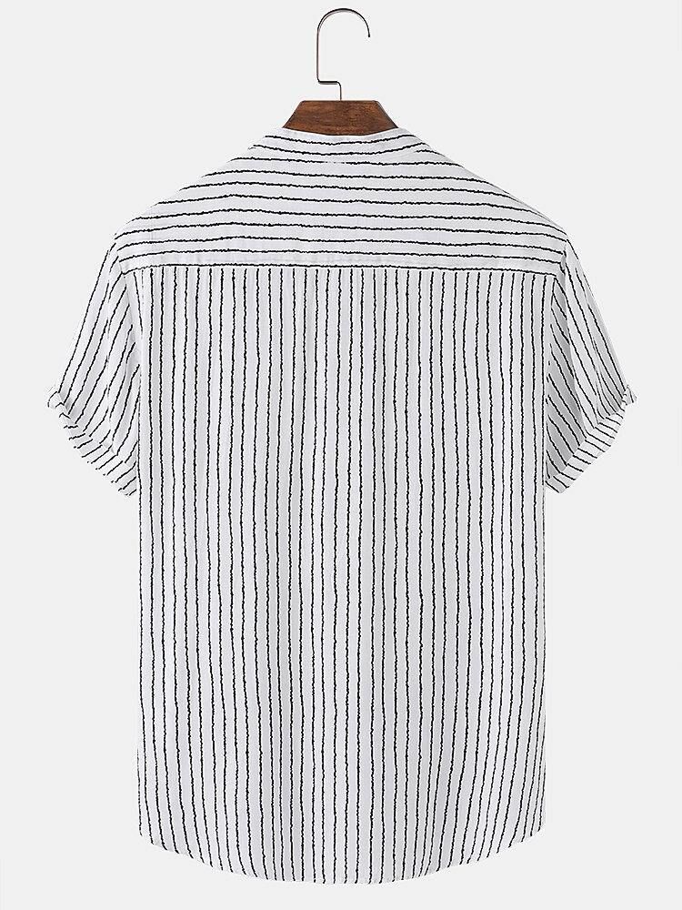 Mäns Pinstripe Stand-Krage Casual Kortärmade Henley-Skjortor Med Ficka