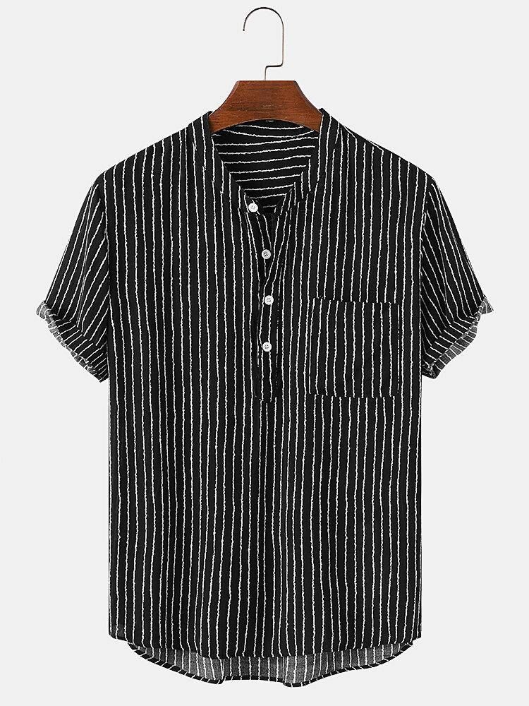 Mäns Pinstripe Stand-Krage Casual Kortärmade Henley-Skjortor Med Ficka