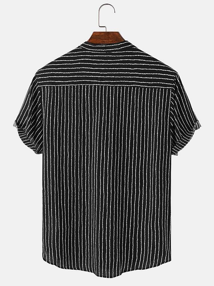 Mäns Pinstripe Stand-Krage Casual Kortärmade Henley-Skjortor Med Ficka