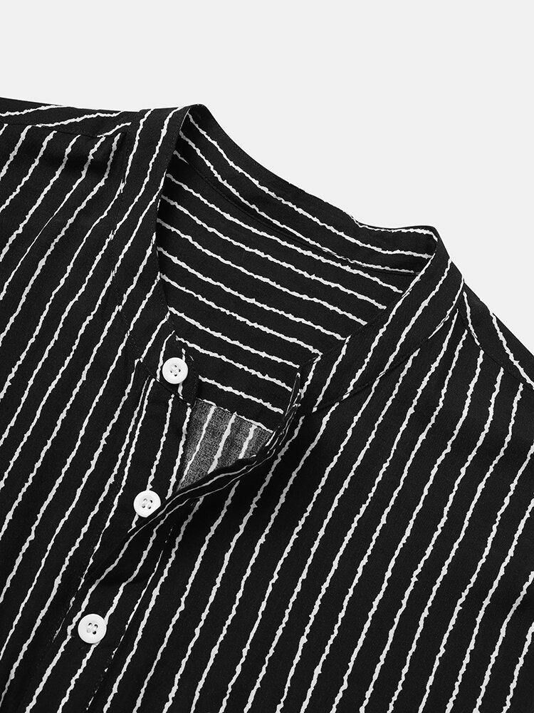 Mäns Pinstripe Stand-Krage Casual Kortärmade Henley-Skjortor Med Ficka