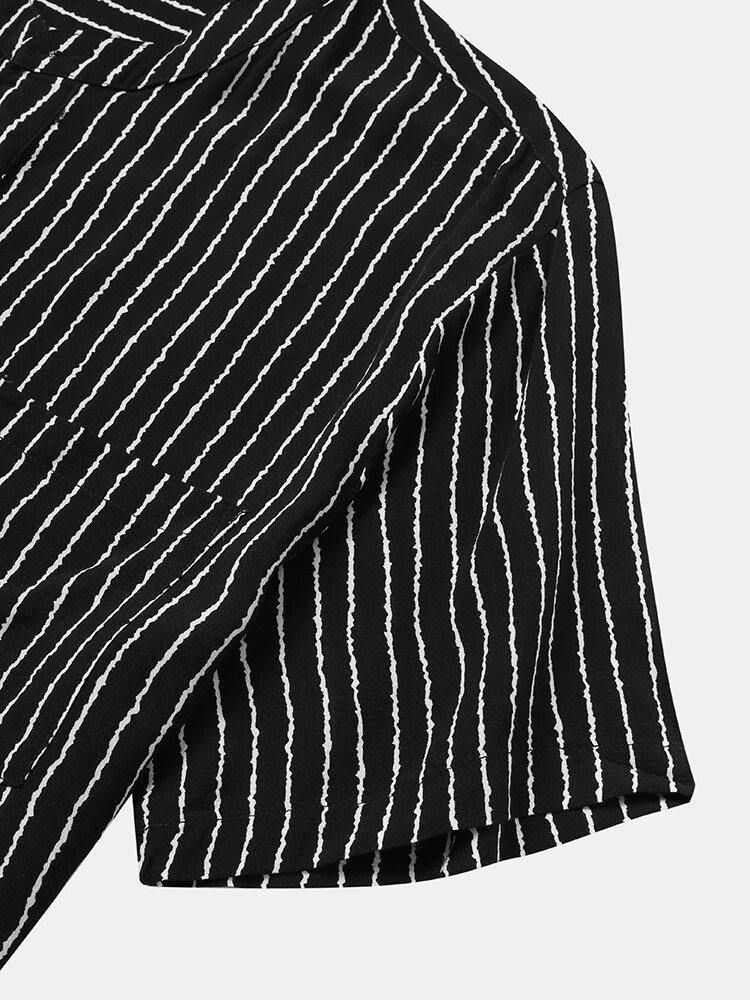 Mäns Pinstripe Stand-Krage Casual Kortärmade Henley-Skjortor Med Ficka