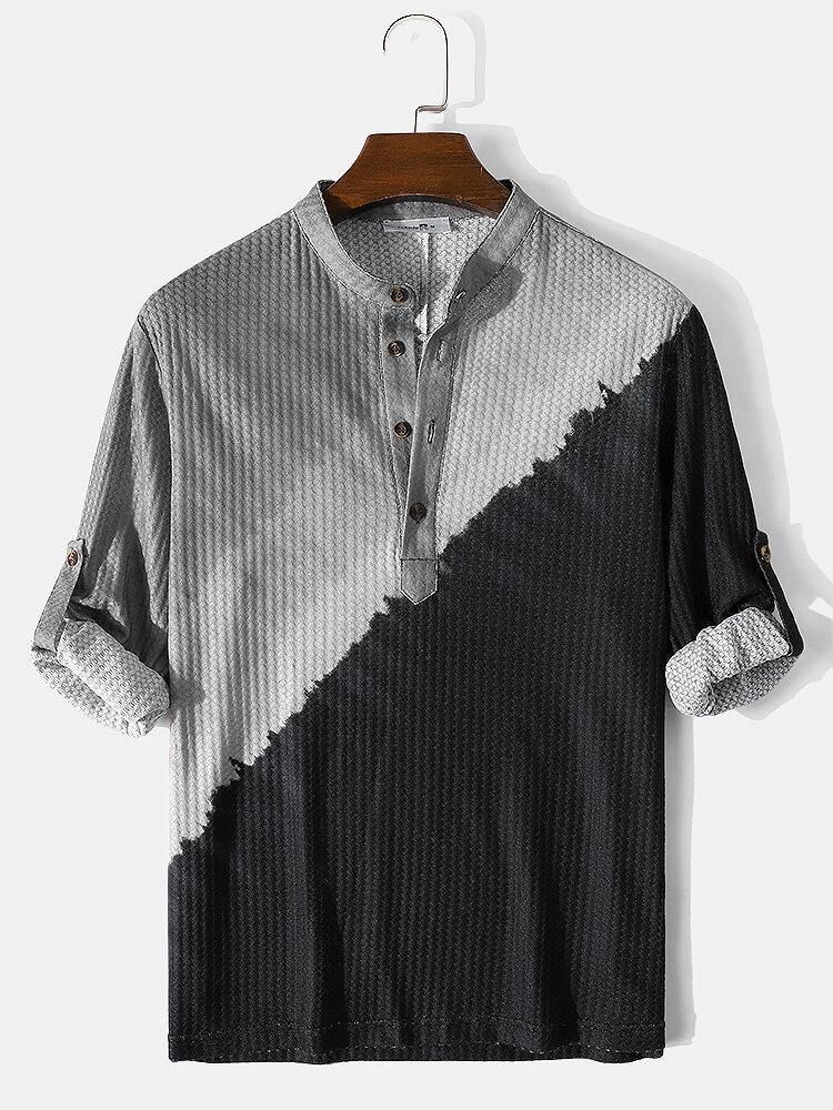 Waffle Contrast Ombre Casual Långärmade Henley-Skjortor För Män Med Ärmflikar För Män