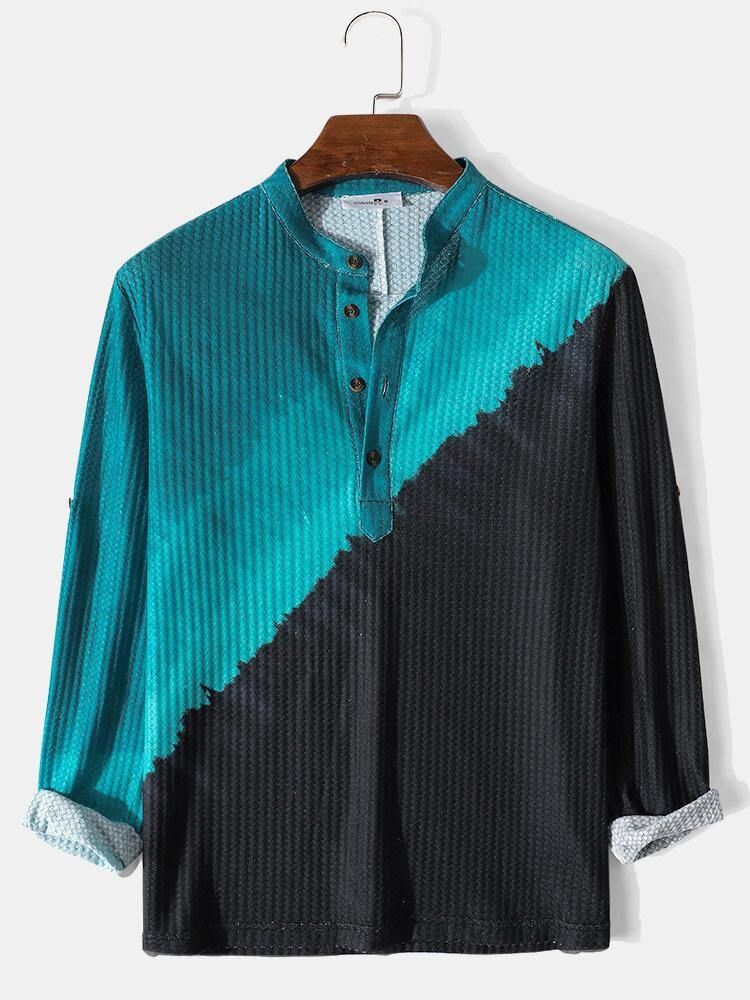 Waffle Contrast Ombre Casual Långärmade Henley-Skjortor För Män Med Ärmflikar För Män