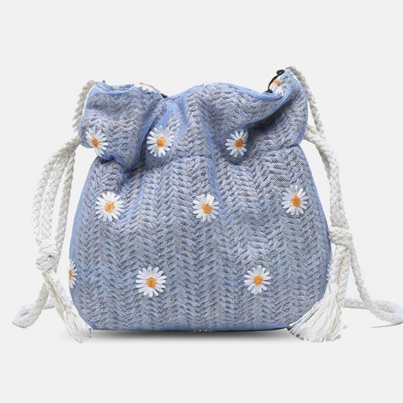 Dam Halm Daisy Solrosmönster Tryck Casual String Spetsväska Strandväska Bucket Bag Crossbody Bag Handväska