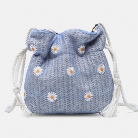 Dam Halm Daisy Solrosmönster Tryck Casual String Spetsväska Strandväska Bucket Bag Crossbody Bag Handväska