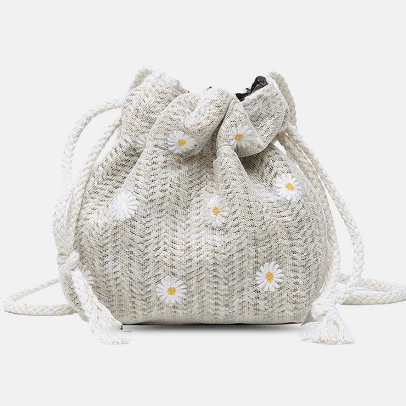 Dam Halm Daisy Solrosmönster Tryck Casual String Spetsväska Strandväska Bucket Bag Crossbody Bag Handväska