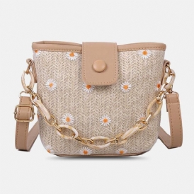 Dam Halm Spets Daisy Solrosmönster Print Kedjor Hasp Crossbody Bag Axelväska Handväska