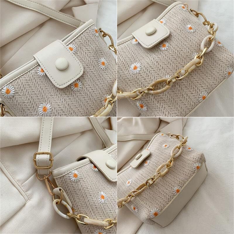 Dam Halm Spets Daisy Solrosmönster Print Kedjor Hasp Crossbody Bag Axelväska Handväska