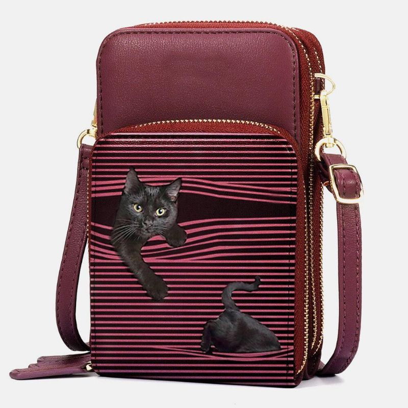 Dam Konstläder Casual Söt Svart Katt Och Ränder Med Justerbar Axelväska Crossbody-Väska