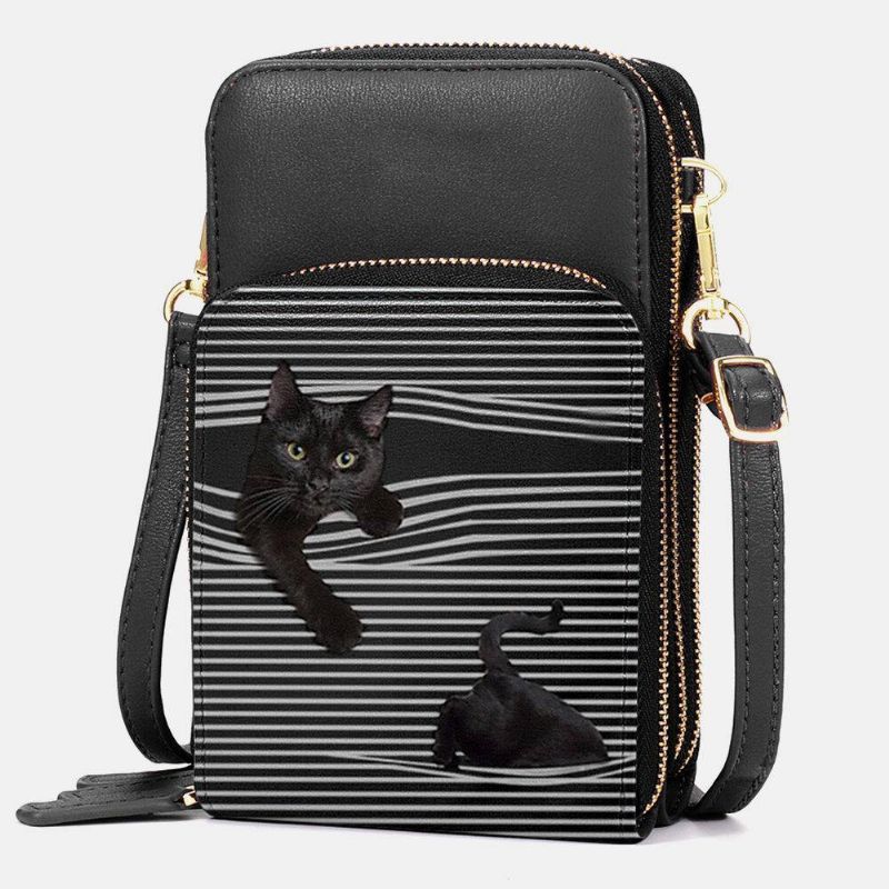 Dam Konstläder Casual Söt Svart Katt Och Ränder Med Justerbar Axelväska Crossbody-Väska