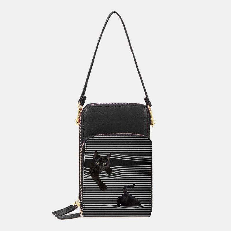 Dam Konstläder Casual Söt Svart Katt Och Ränder Med Justerbar Axelväska Crossbody-Väska