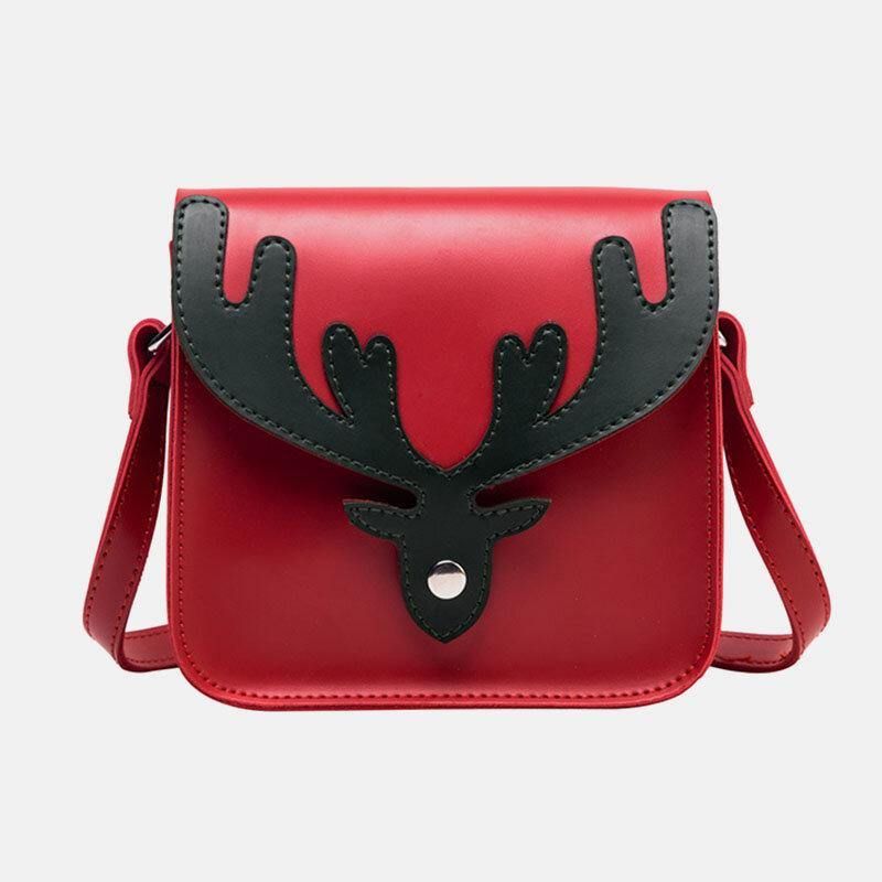 Dam Konstläder Kontrastfärg Jul Älgmönster Liten Fyrkantig Väska Crossbody-Väska Axelväska