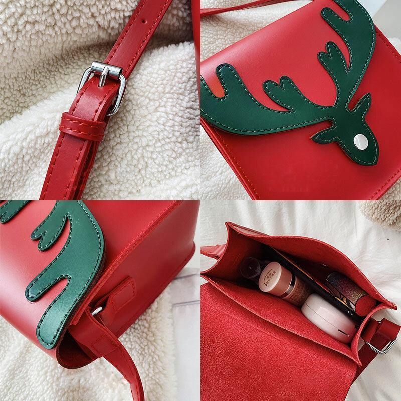 Dam Konstläder Kontrastfärg Jul Älgmönster Liten Fyrkantig Väska Crossbody-Väska Axelväska