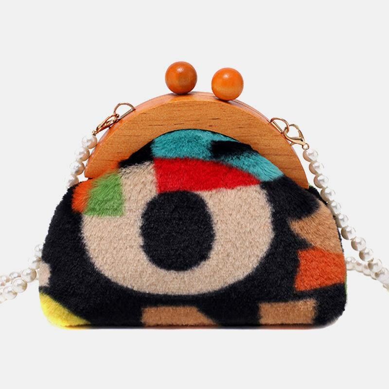 Dam Plysch Tie-Dye Patchwork Pearl Chain Axelväska Crossbody Bag