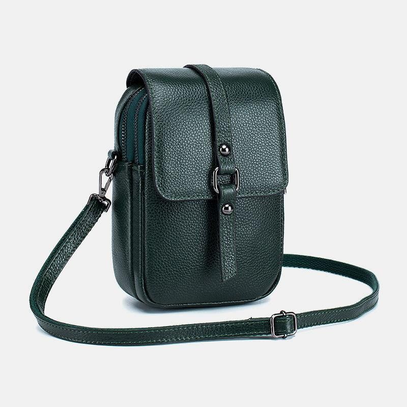 Kvinnor Äkta Läder Casual Retro Flerlagers Hörlurshål 6.5 Tums Telefonväska Crossbody-Väska