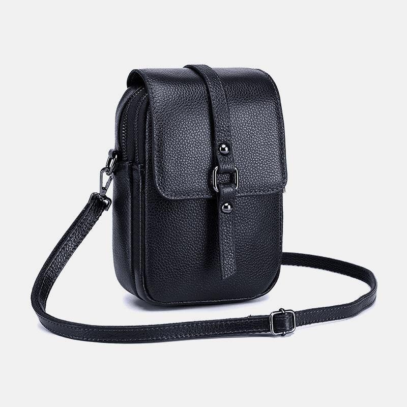 Kvinnor Äkta Läder Casual Retro Flerlagers Hörlurshål 6.5 Tums Telefonväska Crossbody-Väska