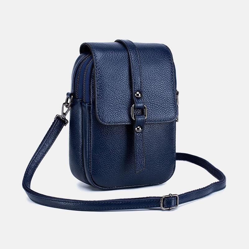 Kvinnor Äkta Läder Casual Retro Flerlagers Hörlurshål 6.5 Tums Telefonväska Crossbody-Väska