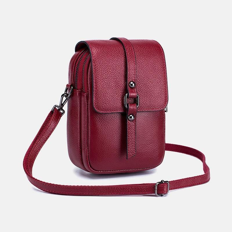 Kvinnor Äkta Läder Casual Retro Flerlagers Hörlurshål 6.5 Tums Telefonväska Crossbody-Väska